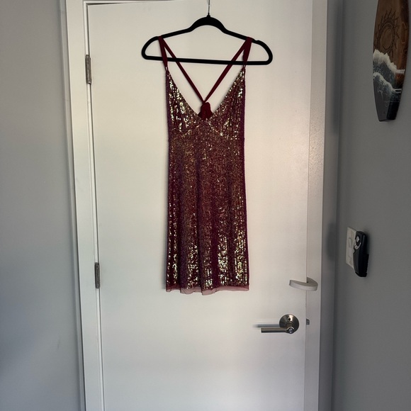 Free People  Gold Dust mini Burgundy Dress - Picture 2 of 7